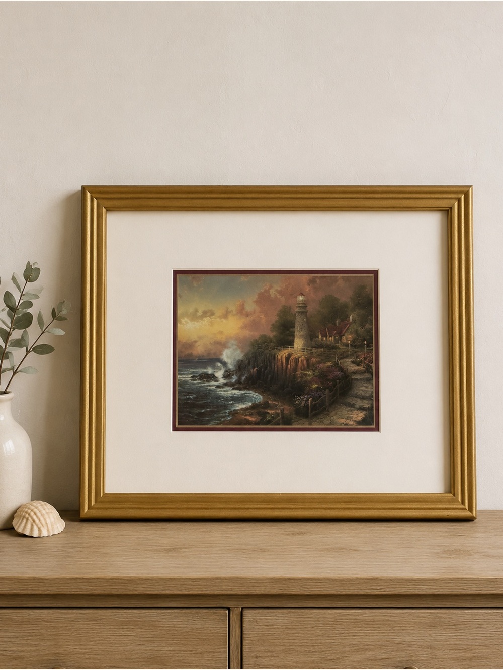 Thomas Kinkade The Light of Peace Framed Lighthouse Coastal Wall Art COA
